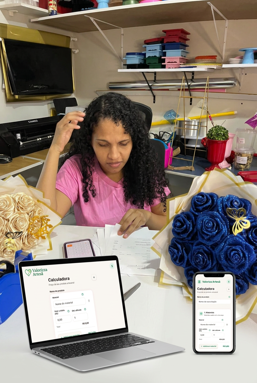 Hana no ateliê com a calculadora Valoriza Artesã no notebook e no celular